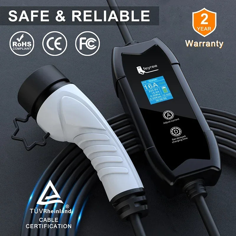feyree EV Portable Charger Type2 / GB/T Plug Connector 16A 1Phase 3.5KW Type1 3.5m Wallbox Charging Station for Electric Vehicle feyree Official Store