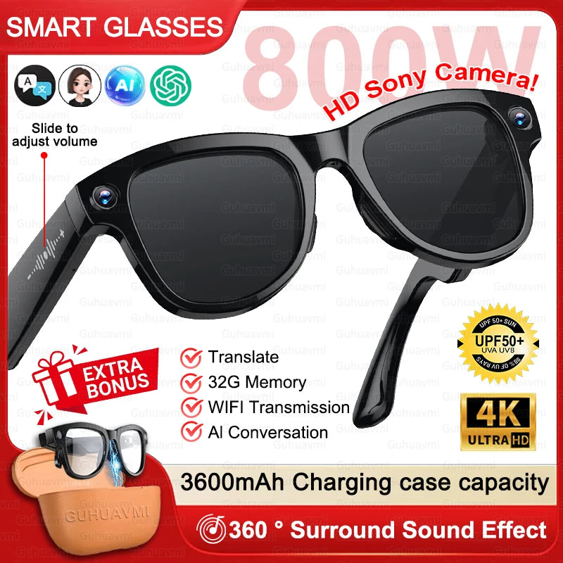 2026 New 3600mAh Large Battery Smart Glasses 8MP HD Camera Video Recording AI Photo Recognition Translation Voice Sunglasses Men