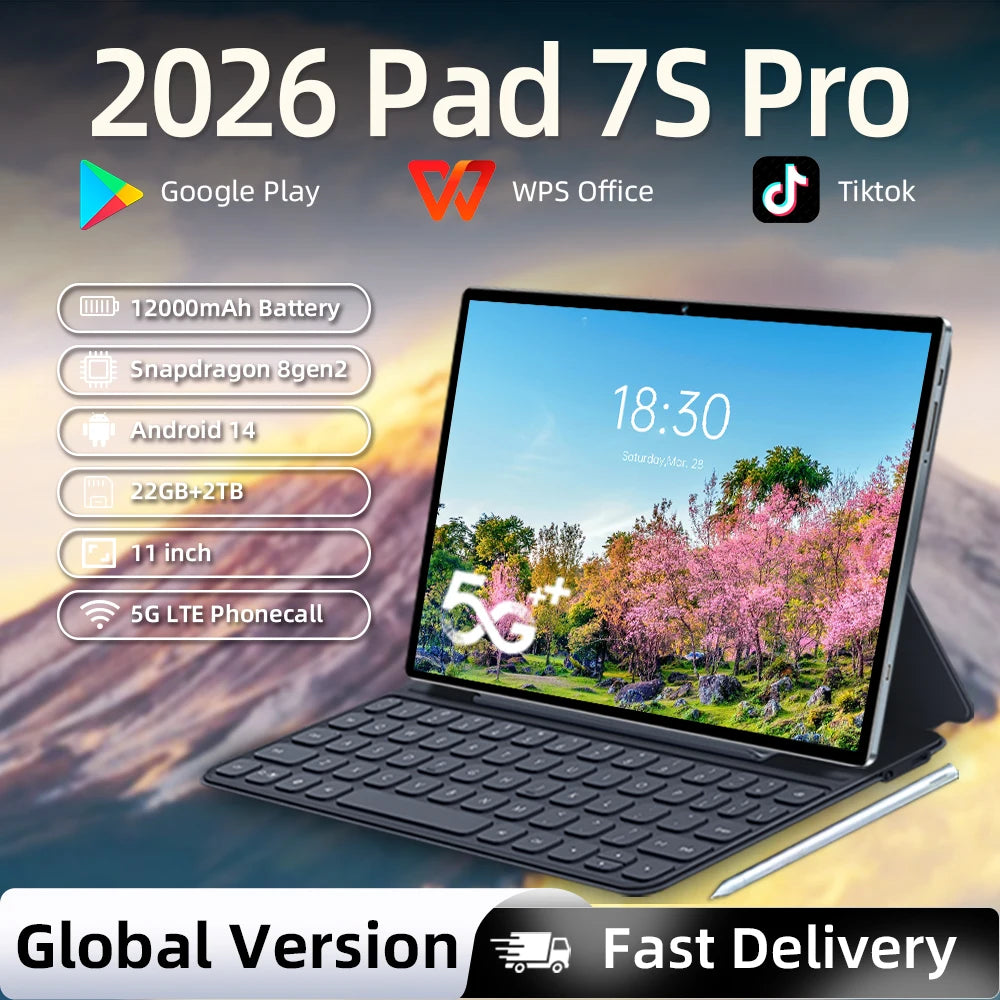 NEW Original Pad 7S Pro 11inch Tablets Android 14 22GB+2TB 12000mAh 5G Dual SIM Bluetooth WiFi HD 4K Screen GPS WPS Tablet PC 5G Global Edition Tablet Store