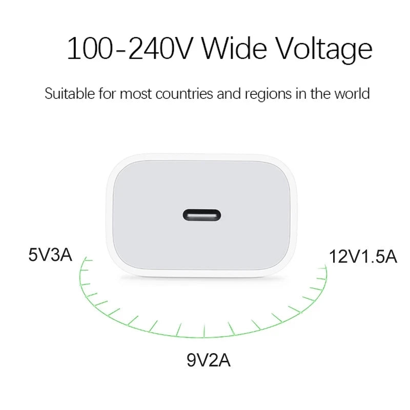 Original USB-C Power Adapter for iPhone, Type C Fast Charger, Apple Cable for iPhone 14, 13 Plus, 17, 16, 15, Mini Pro Max, 20W,