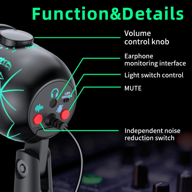 Gaming Microphone USB Microphone for PC Condenser Podcast Mic for Studio Recording with Headphone Jack, Led, Noise Cancellation basix Official Store