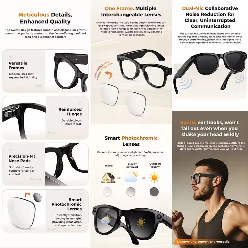 2026 New 3600mAh Large Battery Smart Glasses 8MP HD Camera Video Recording AI Photo Recognition Translation Voice Sunglasses Men