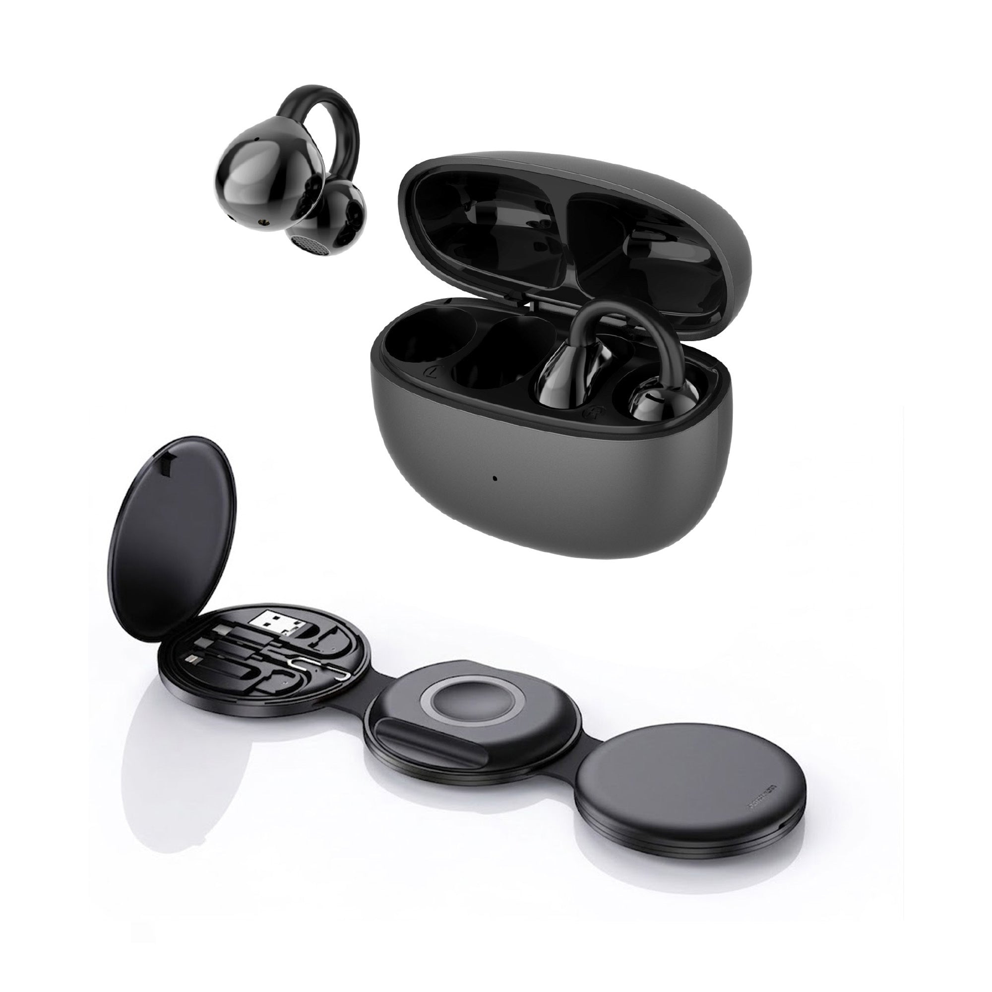 Power & Sound Essentials Bundle – 5-in-1 Folding Wireless Charging Station + True Wireless Earbuds Pursonic