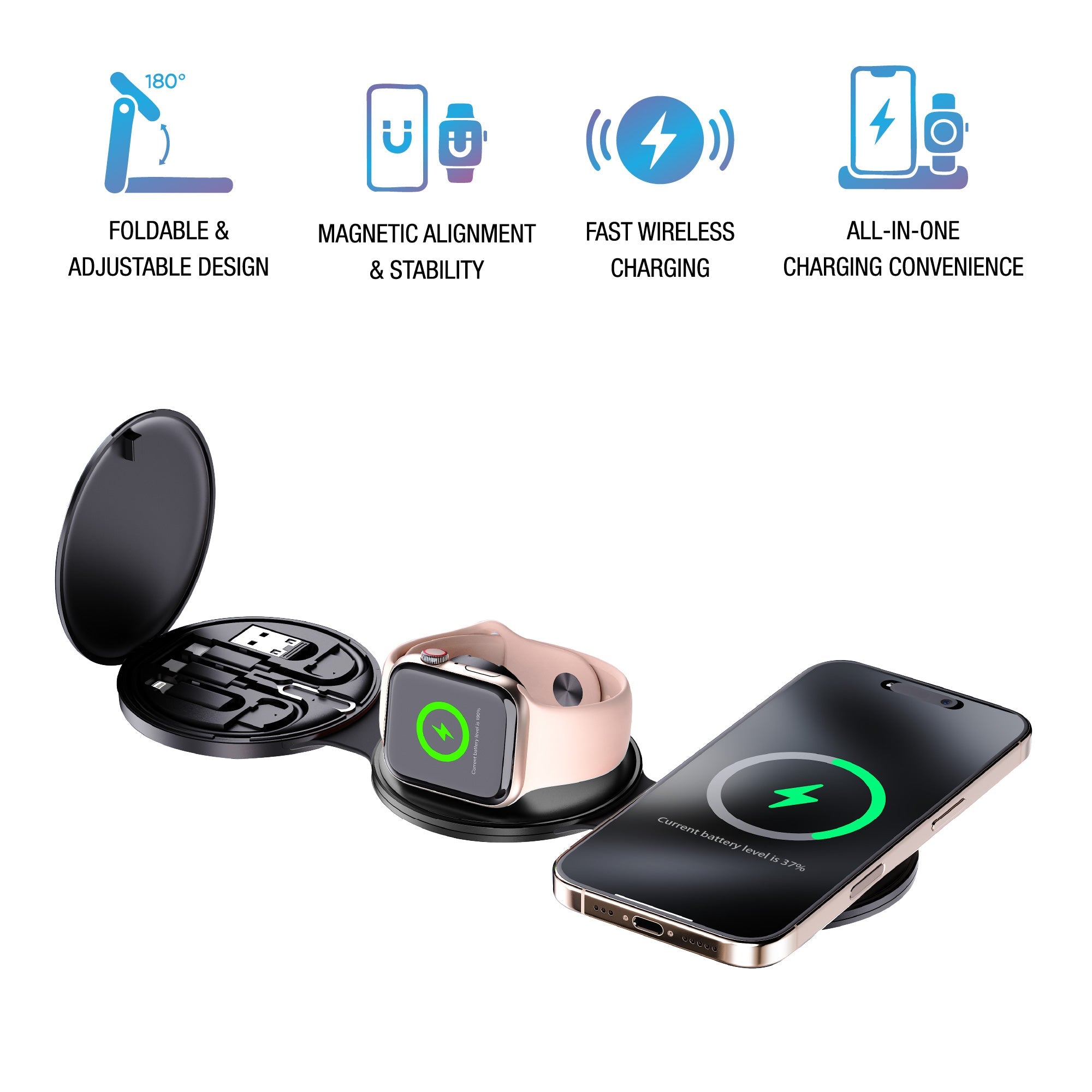 Power & Sound Essentials Bundle – 5-in-1 Folding Wireless Charging Station + True Wireless Earbuds Pursonic