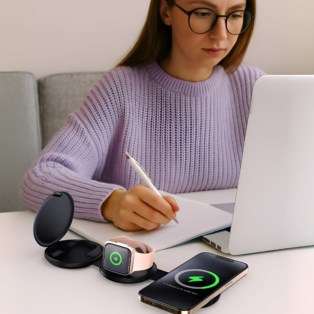 Power & Sound Essentials Bundle – 5-in-1 Folding Wireless Charging Station + True Wireless Earbuds Pursonic