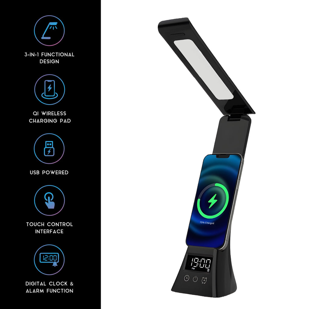 Pursonic 3-in-1 LED Desk Lamp with Wireless Charger and Alarm Clock – Sleek, Smart, and Space-Saving Pursonic