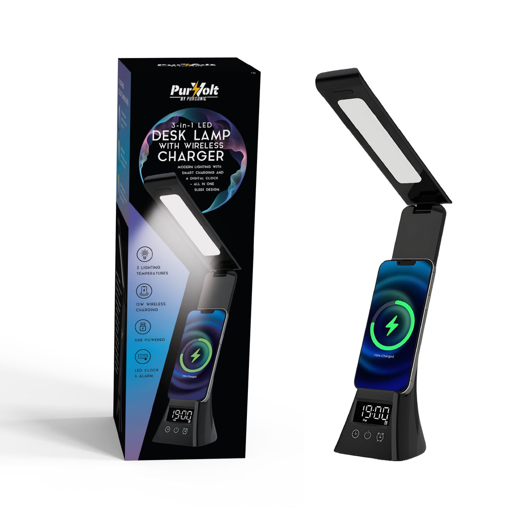 Pursonic 3-in-1 LED Desk Lamp with Wireless Charger and Alarm Clock – Sleek, Smart, and Space-Saving Pursonic