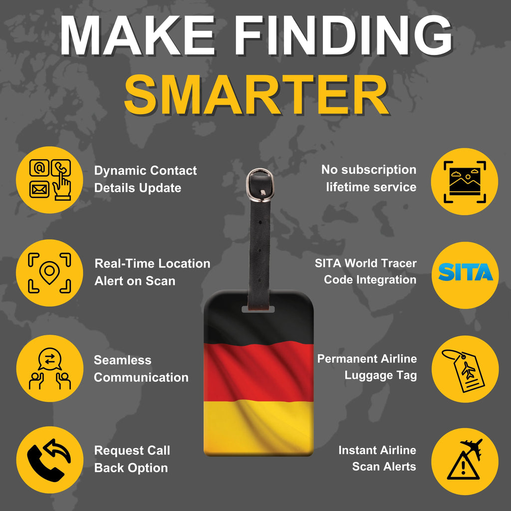 Smart Bag Security Tag - Germany Flag [Pack 2] Global Lost Recovery Service | 2800+ Airports worldwide