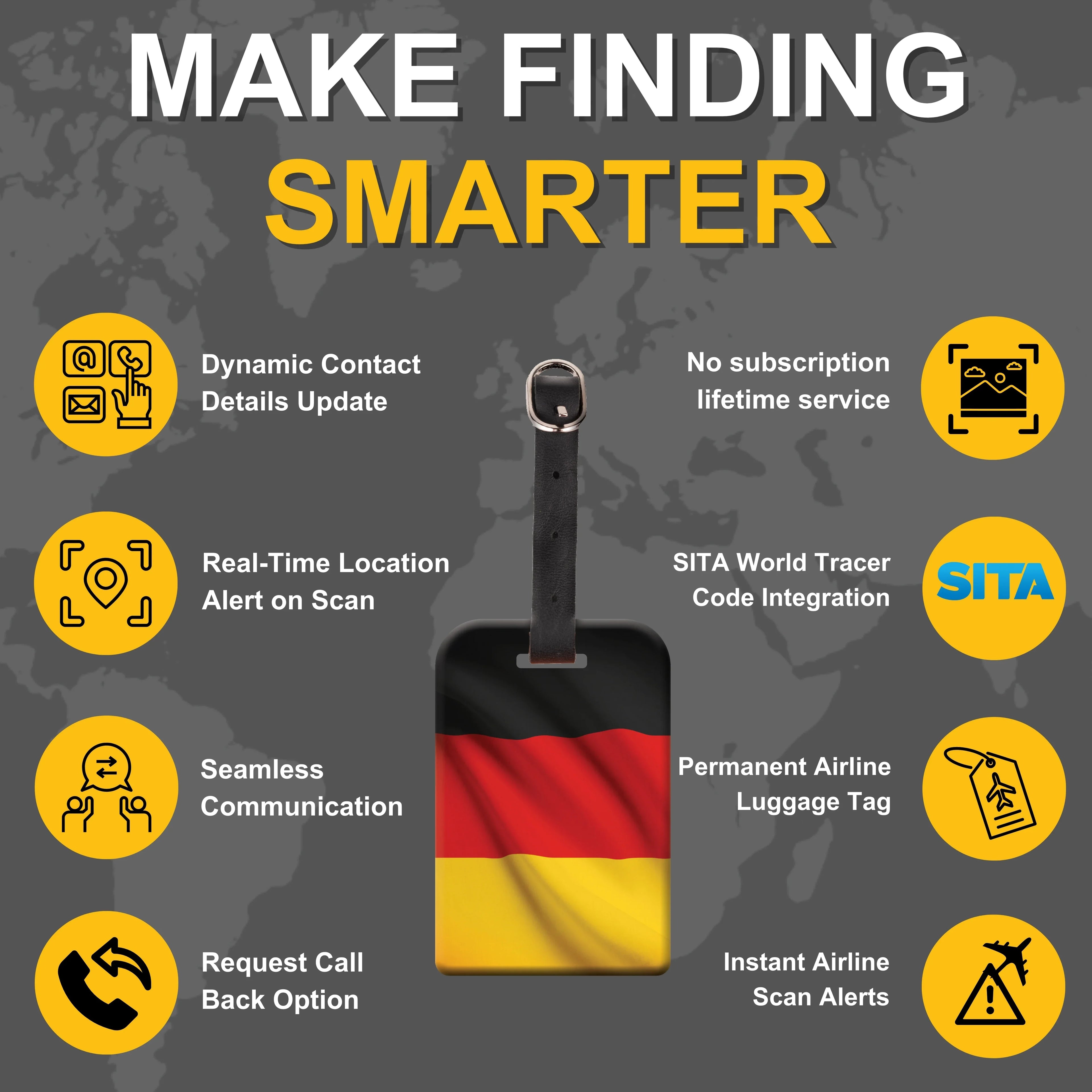 Smart Bag Security Tag - Germany Flag [Pack 2] Global Lost Recovery Service | 2800+ Airports worldwide