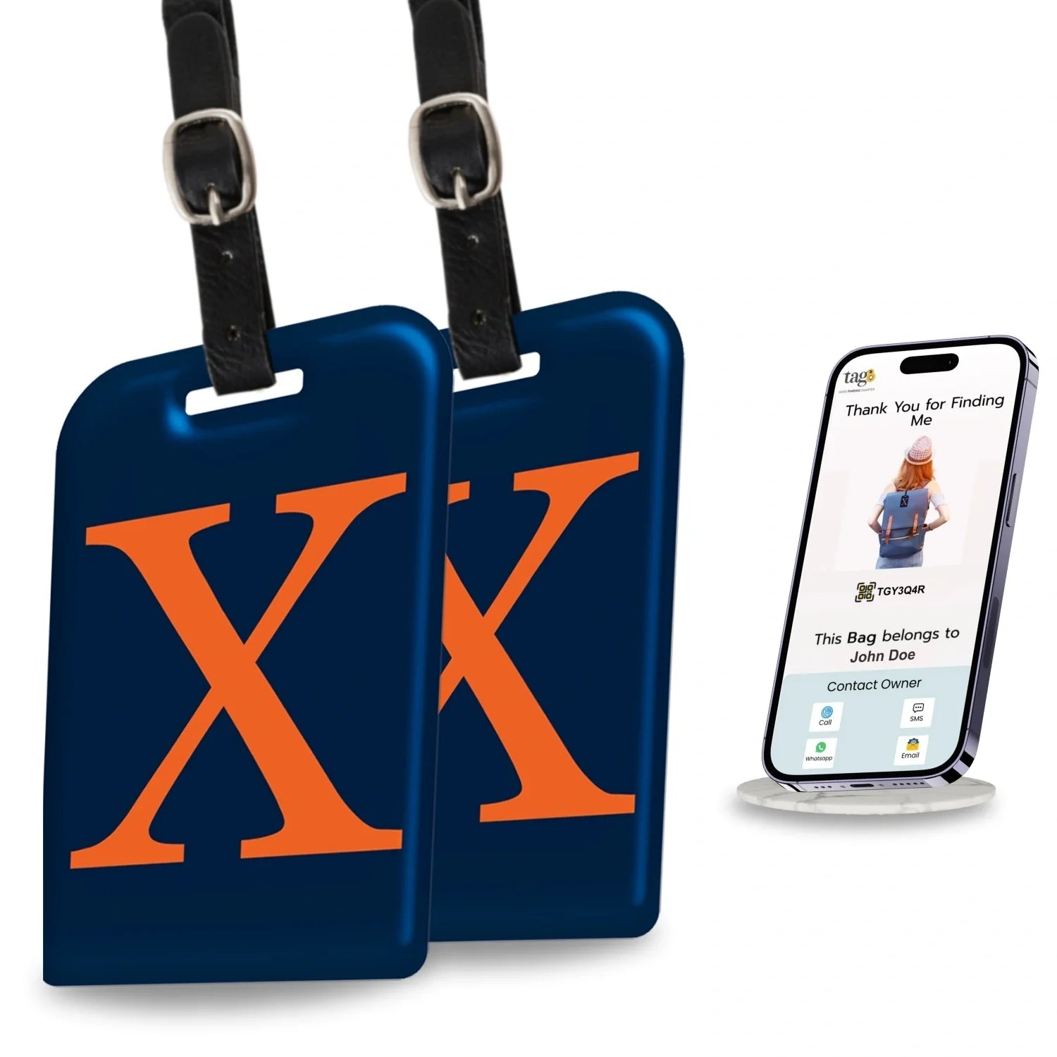 Initials Bag tag X  [pack 2] Global Lost Recovery Service | 2800+ Airports worldwide