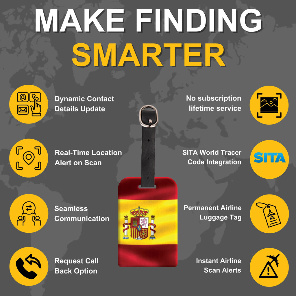 Smart Bag Security Tag - Spain Flag [Pack 2] Global Lost Recovery Service | 2800+ Airports worldwide