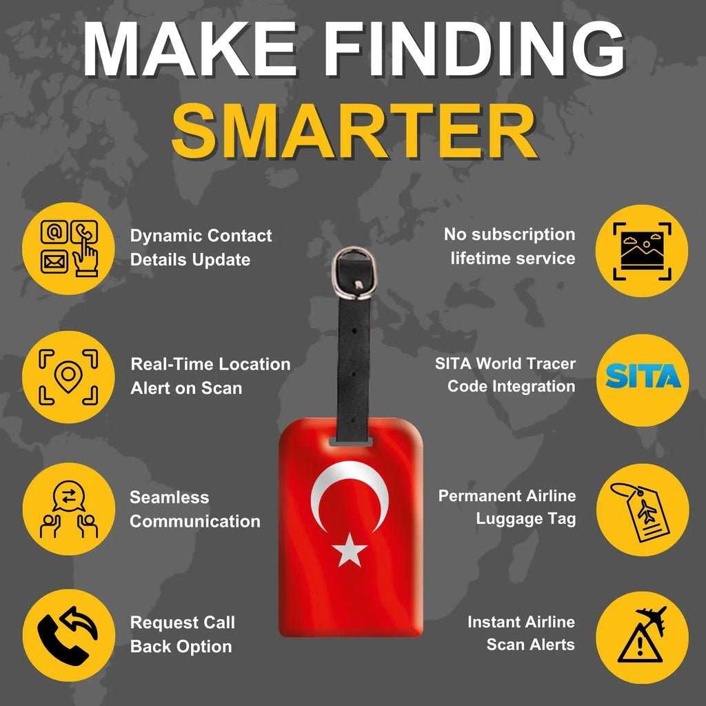 Smart Bag Security Tag - Turkey Flag [Pack 2] Global Lost Recovery Service | 2800+ Airports worldwide