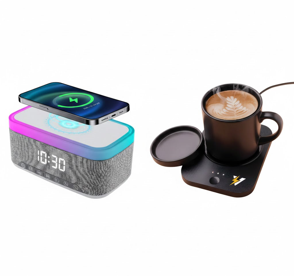 Desk-to-Bedside Power & Comfort Bundle – Sip & Charge 2-in-1 Mug Warmer + 5-in-1 Wireless Charging Alarm Clock Speaker Pursonic